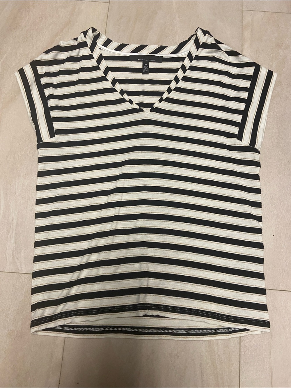 White House Black Market Black & Cream & Gold Striped V-Neck Tee